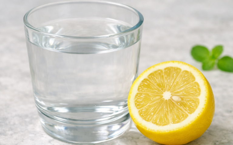 A glass of lemon water, a half cut lemon, a mint sprig.