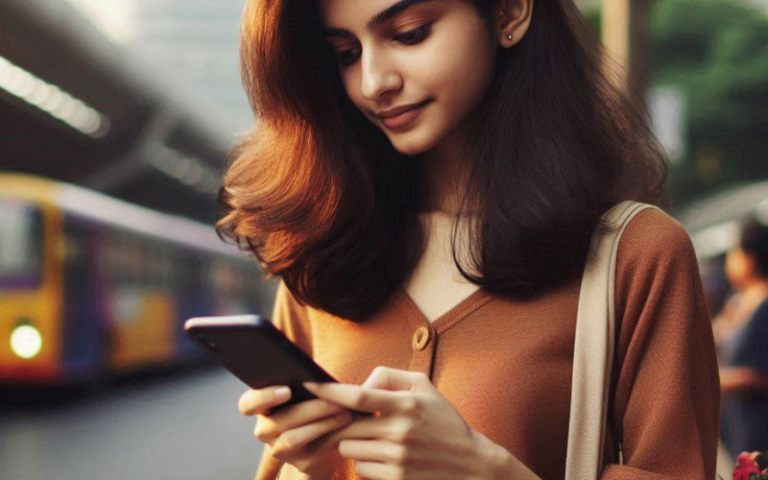 Girl with smartphone at bus stand.