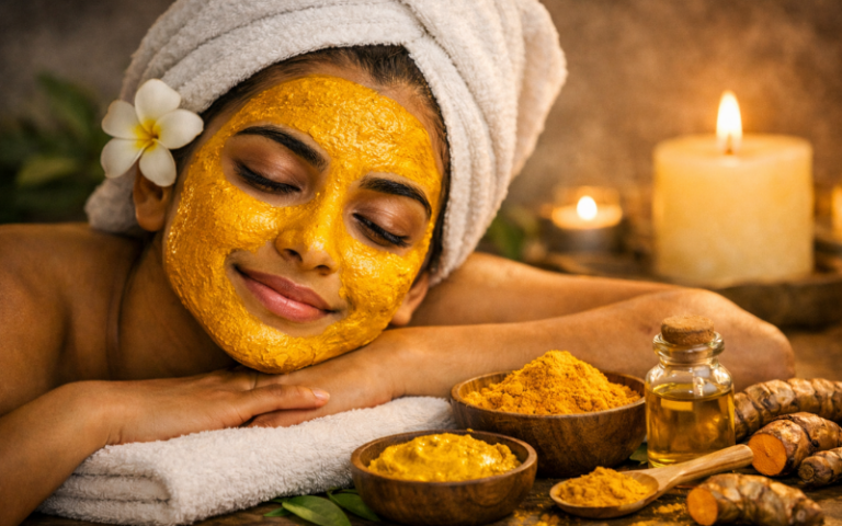 Woman relaxing with her turmeric face pack on.