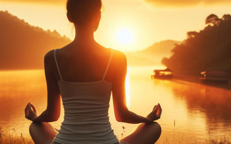 Woman sitting by a lake in Yogic meditation.