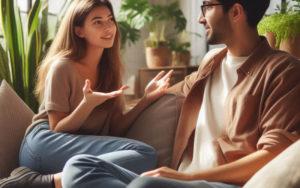Introvert boy listens to extrovert female friend.