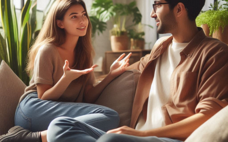 Introvert boy listens to extrovert female friend.