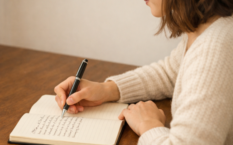 Woman into notebook writing at table.