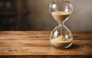 An hourglass resting on a simple wooden table.