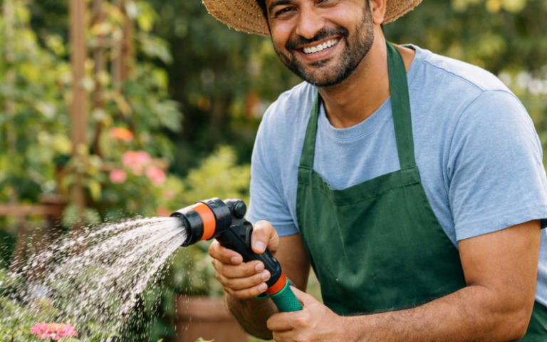 Cheerful man watering blooming plants in garden.