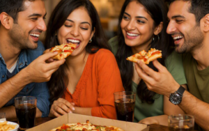 A group of friends sharing food and positive vibes.
