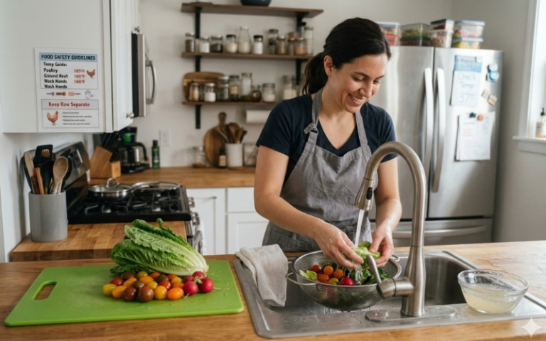 Home cook rinsing raw vegetables under running water.