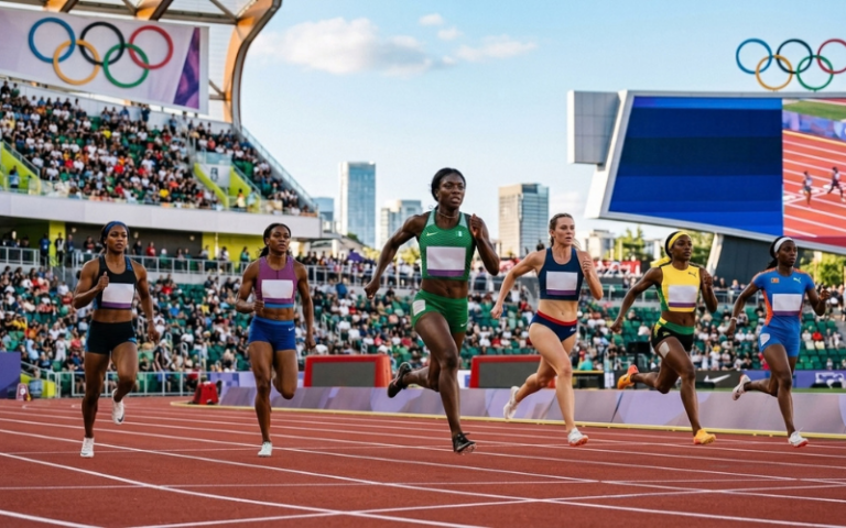 Women sprinters race.