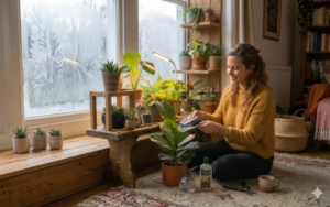Woman tending indoor plant near frosty window.