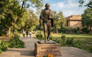 Mahatma Gandhi statue in a garden.