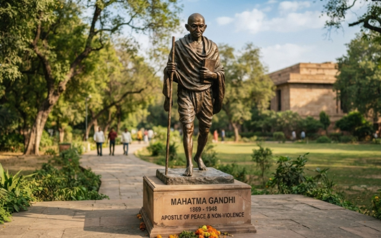 Mahatma Gandhi statue in a garden.